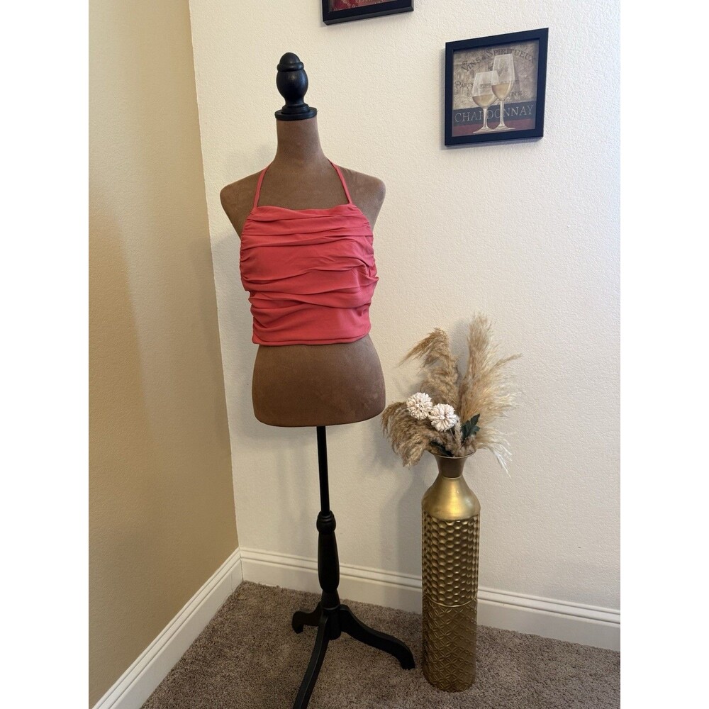 Lulus Women’s Large Top Halter Neck Ruched Smocked Crop Coral Pink Red Stretch